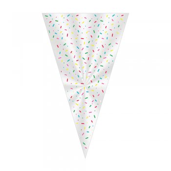 CONE FESTA TRANSPARENTE DECORADO GRANULADO 18cm x 30cm Pacote 50 Peças .