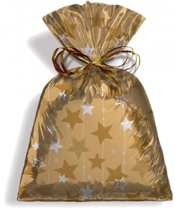 SACO METALIZADO PRESENTE STARS 60cm x 89cm Pacote 50 Peças OURO