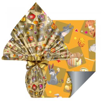 POLI METALIZADO DECORADO PÁSCOA DIVERTIDA 70cm x 90cm Pacote 25 Folhas OURO
