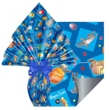POLI METALIZADO DECORADO PÁSCOA DIVERTIDA 70cm x 90cm Pacote 25 Folhas AZUL