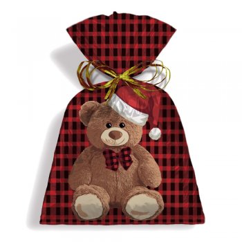 SACO PEROLIZADO PRESENTE URSO TEDDY NOEL 29cm x 45cm Pacote 50 Peças .