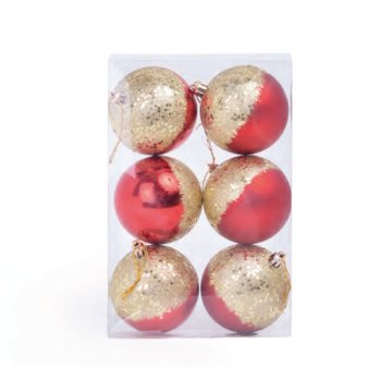 BOLA LISA COM GLITTER . 8cm () JG C/6 PC 1038352 VERMELHO / OURO