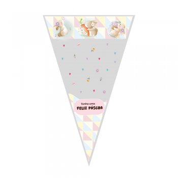 CONE FESTA DECORADO PÁSCOA ENCANTADA 18cm x 30cm Pacote 50 Peças .