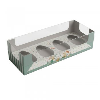 CAIXA DEGUSTAÇÃO ENCANTO 4 OVOS DE 50g CAÇA AOS OVOS 21cm x 8cm x 5cm Pacote 10 Peças .