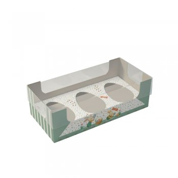 CAIXA DEGUSTAÇÃO ENCANTO 3 OVOS DE 50g CAÇA AOS OVOS 15,8cm x 8cm x 3,5cm Pacote 10 Peças .